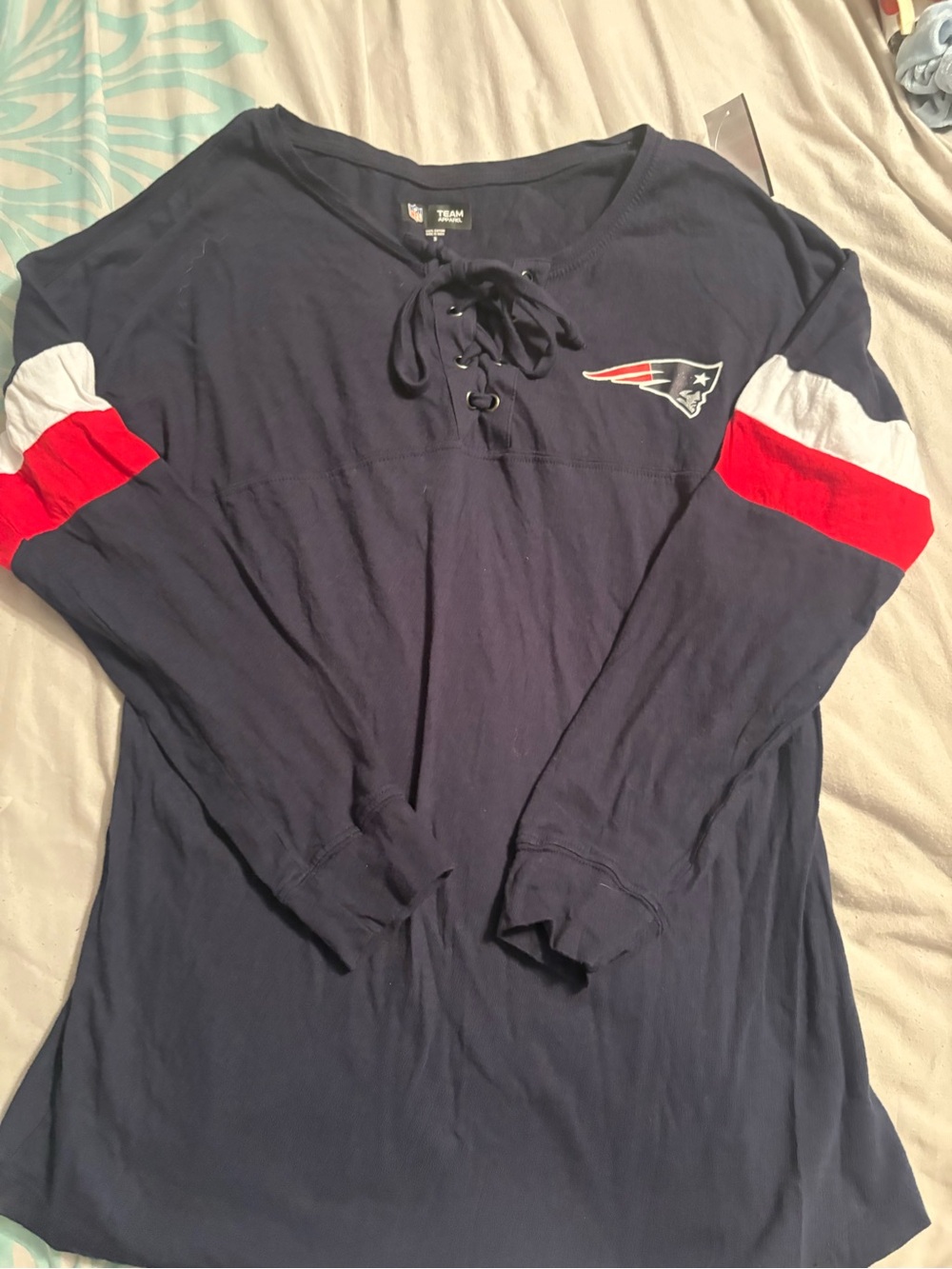 NFL Navy Lace-Up Long Sleeve Top with Red & White Sleeve Stripes